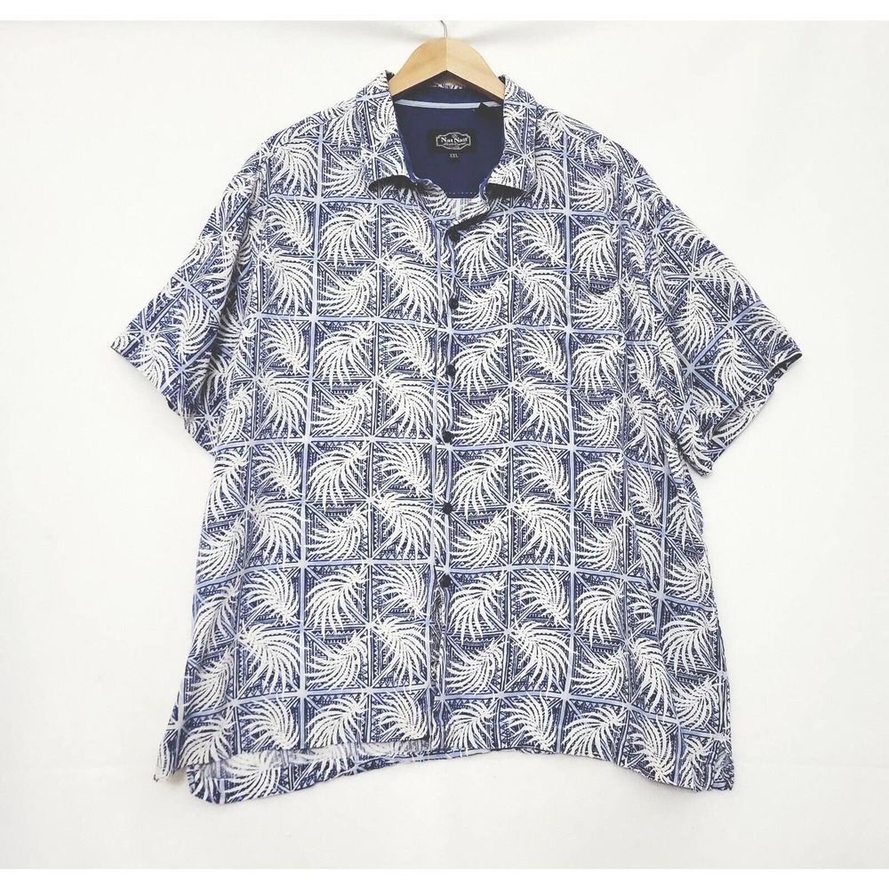 Nat‎ Nast Mens Shirt XXL Hawaiian Fern Short Sleeve Button Up Floral Blue Silk
